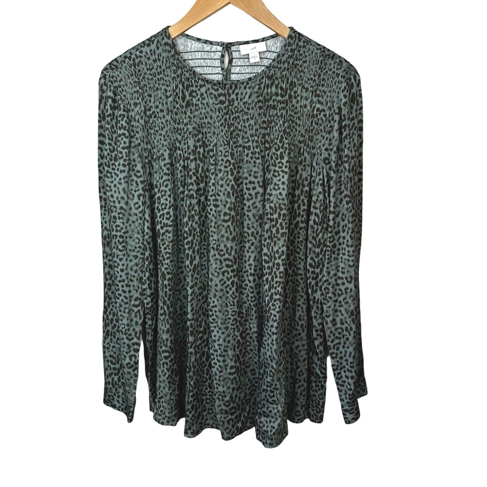 J Jill Blouse Womens Medium Animal Print Top Teal Green Black Smocked Career